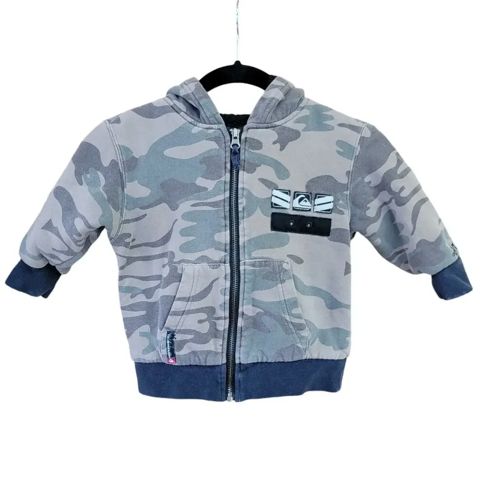 Quiksilver Green‎ Camo Hoodie Boys Sz 2T Camouflage Full Zip Sherpa Sweater Hood